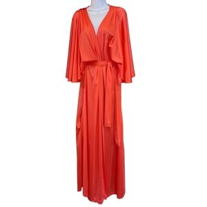 Vintage Coral Satin Wrap Maxi Dress Kimono Sleeve Hostess Glam Boho L